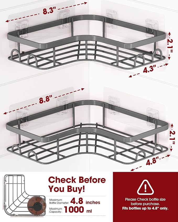 Sakugi Corner Shower Caddy - 2 Pack, Adhesive Shower Organizers, Rustproof Stainless Steel Shower Shelves with 8 Hooks, No Drilling Bathroom Organizers and Storage Racks, Space-Saving, Grey, Large