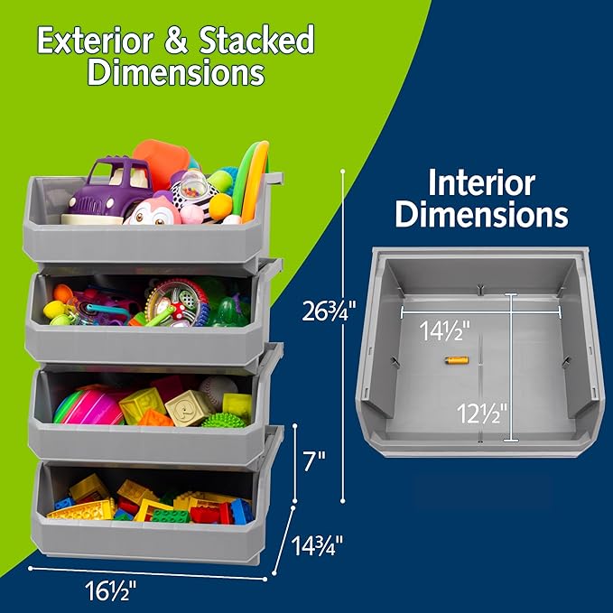ReadySpace Plastic Containers for Organizing and Storage Bins for Closet, Kitchen, Office, Garage or Pantry Organization, Stackable Bins, Extra Large (14.8" x 16.5" x 7"), 4-Pack, Grey