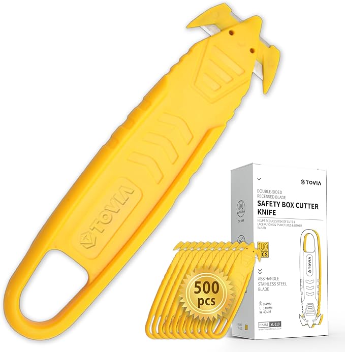 500 Pcs Safety Box Cutter T TOVIA Safety Utility Cutter of Stainless Steel Blade Package Opener with Tape Splitter for Cartons, Cardboard, Wrap, Straps, Film