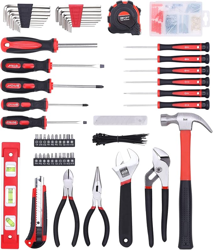 FASTPRO 215-Piece Home Repairing Tool Set with 12-Inch Wide Mouth Open Storage Bag, Household Hand Tool Kit,Red