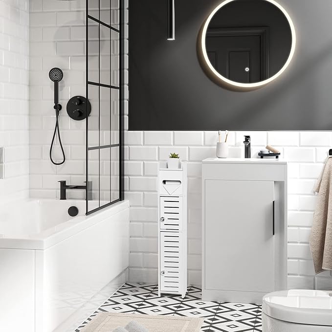 TuoxinEM Storage Cabinet for Small Spaces, Over The Toilet Cabinet for Skinny Bathroom Storage Corner Floor, Slim Paper Holder with 2 Doors & Shelves (White)