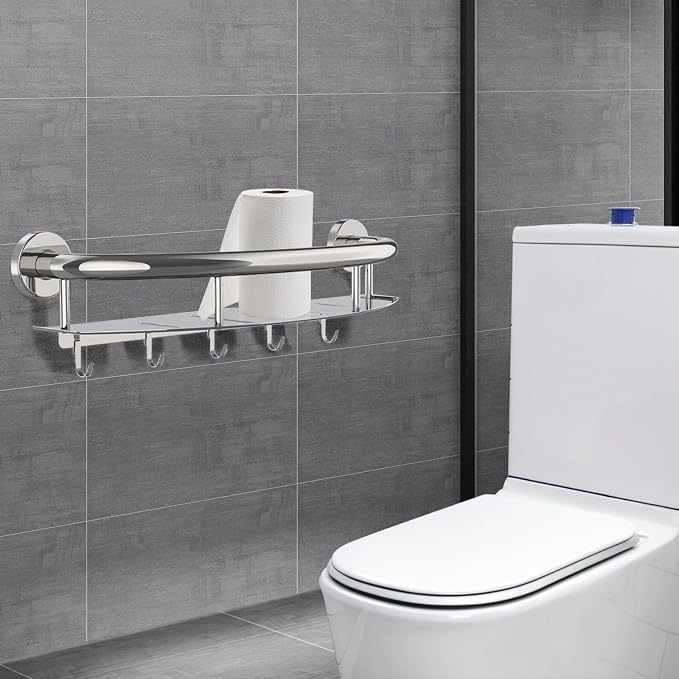 Munzong 18 Inch Shower Grab Bar with Storage Shelf, Chrome Stainless Steel 2 in 1 Bathroom Grab Bar and Hand Rail Support for Elderly and Handicap