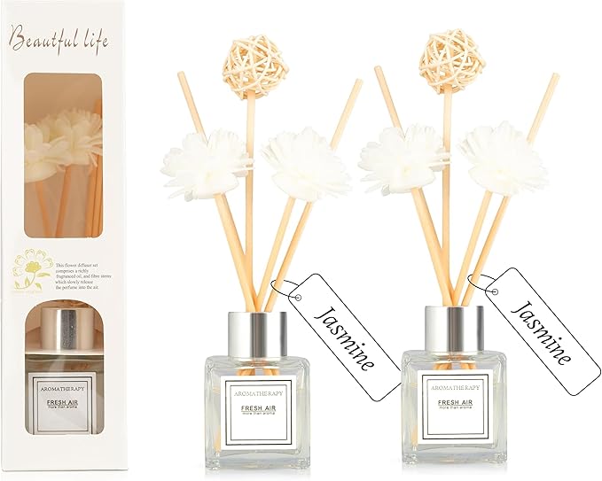2PCS Reed Diffuser Set, 1.7 fl oz Scent Diffuser with Sticks, Jasmine Scent for Bathroom Accessories Shelf Decor, Air Fresheners for Home, Home Fragrance, House Office Room Decor Aesthetic Gift