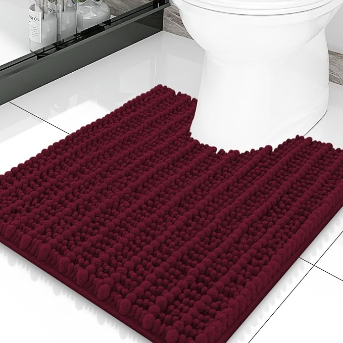 Smiry Bathroom Toilet Rugs U Shaped 20x20, Extra Soft Absorbent Non Slip Rubber Backing Chenille Contour Bath Rugs for Toilet, Machine Washable Contoured Bath Mats, Burgundy