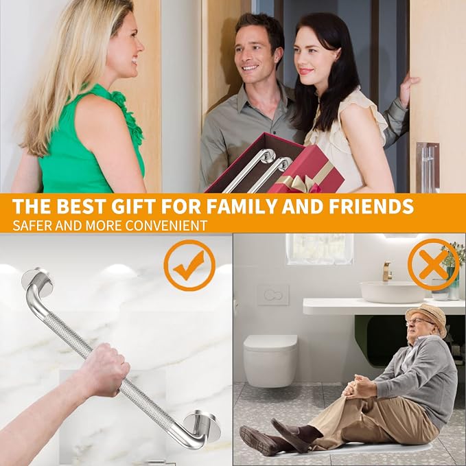 2 Pack 18 inch Shower Grab Bar with Knurled Anti-Slip Grip, ADA 500lbs Supporting, Grab Bar for Bathroom with Concealed Screws, Stainless Steel Chrome Polished Handicap Grab Bar for Gifts