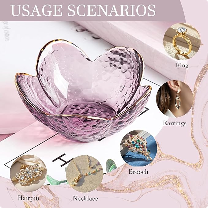 Gifts for Women Purple Flower Jewelry Dish Glass Ring Holder Decorative Jewelry Tray Cute Vanity Room Decor Aesthetic Nightstand Bathroom Decor Trinket Dish Friendship Christmas Birthday Gifts (2pcs)