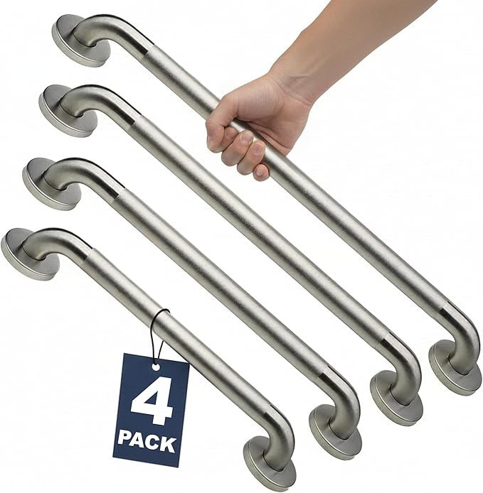 Shower Grab Bars 4 Pack – Complete Bathroom Safety Starter Bundle for Seniors – 16", 18", 24", 32" Lengths, 1.25" Diameter, 500 lb Rated – All-in-One Grab Bar Shower Safety Solution – Peened Textured
