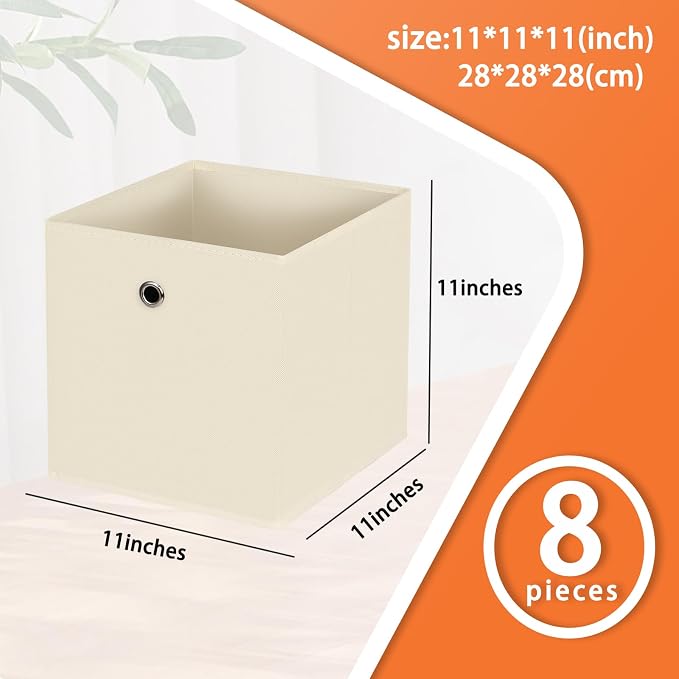 Foldable Storage Cubes Bins ,11 Inch Cloth Storage Cube Fabric Storage Box Cubes Organizer Baskets with Handles for Home Organizer Set of 8 (Creamy-White)