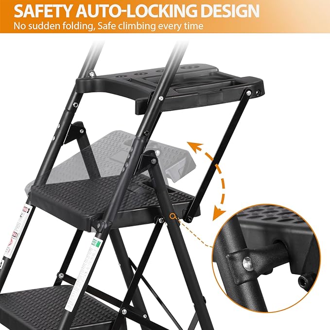 ZENY 4 Step Ladder, Folding Step Stool for Adults, Portable Steel Ladder with Tool Platform, Wide Anti-Slip Pedal, Safety Locking, Lightweight (Black)