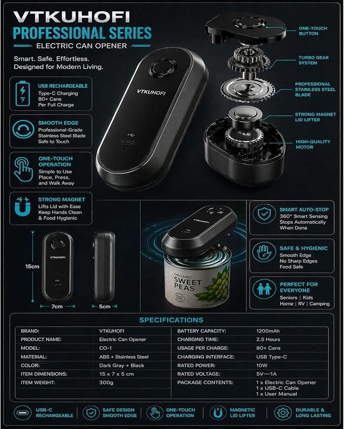 Rechargeable Electric Can Opener, Handsfree Automatic Can Opener Electric, Side Cut Smooth Edge, Magnet Lid Lifter, Stainless Steel Professional-Grade Blade, for Elderly and Arthritic Users