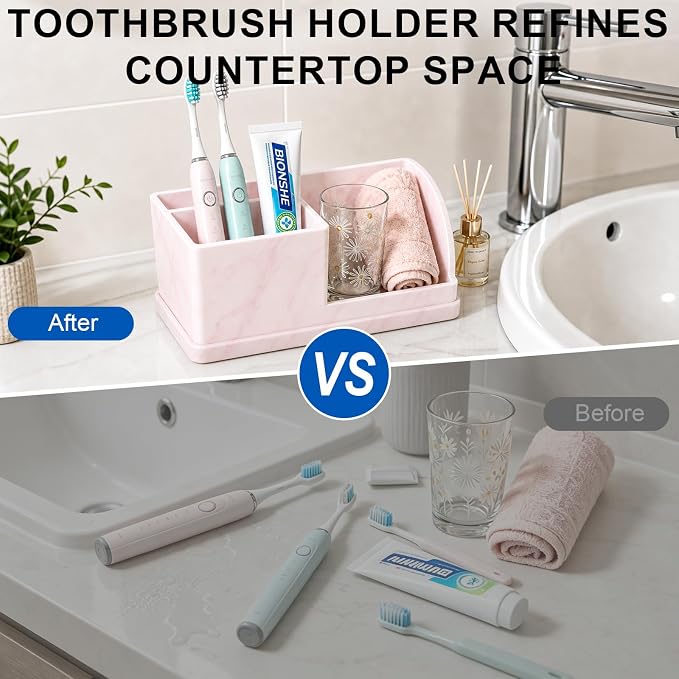 Bathroom Toothbrush Holders, 4 Slots Silicone Counter Organizer Storage with Pink Marble Texture, Detachable Anti-Slip Vanity Organizer for Electric Toothbrush, Toothpaste & Phone