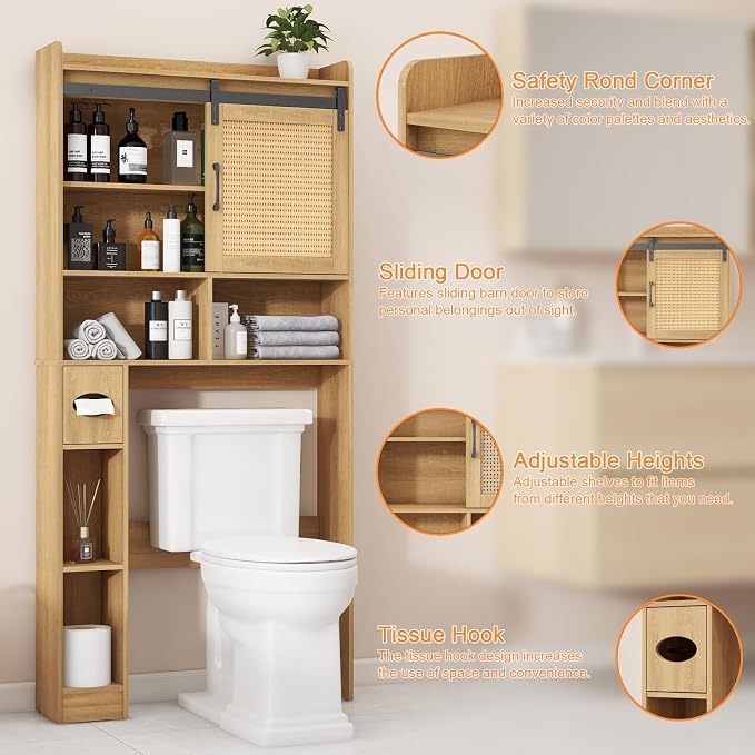 Vabches Over The Toilet Storage Cabinet, Farmhouse Rattan Storage Cabinet Over Toilet with Sliding Doors & Toilet Paper Holder Stand, Home Space-Saving Toilet Rack, for Bathroom, Laundry(Rattan Oak).