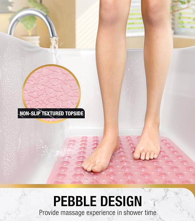 HITSLAM Bath Mat for Tub, Non Slip Bathtub Mat, 40 x 16 Inch Extra Long Bath Tub Mat, Machine Washable Bathroom Shower Mat with Suction Cups and Drain Holes, Soft on Feet, Clear Pink
