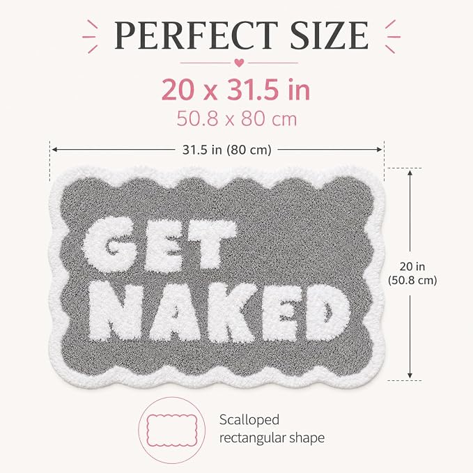 Scalloped Grey Bath Rug, Get Naked Cute Bathroom Rug, Soft Absorbent Quick Dry Bath Mat, TPR Non Slip Backing, Microfiber Mat for Shower Tub Sink Vanity 20" x 31.5"