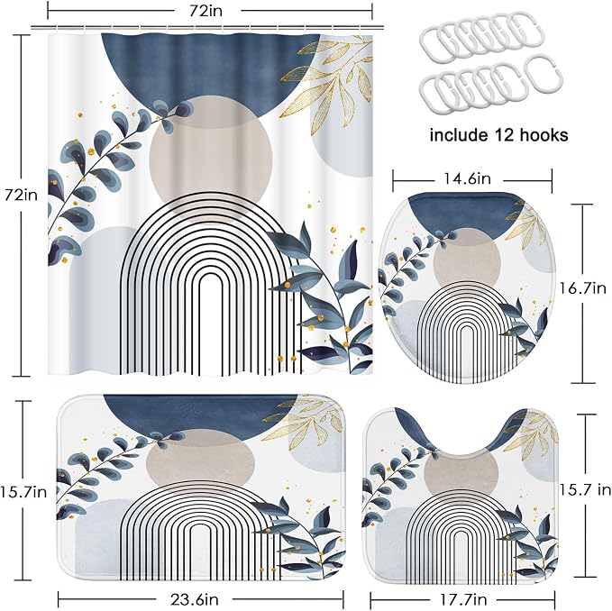 Boho Blue Mid Century Shower Curtain Set with Toilet Lid Cover and Non-Slip Rugs, Abstract Bohemian Gold Leaves Plant 4 Pcs Modern Minimalist Shower Curtain for Bathroom Set with 12 Hooks