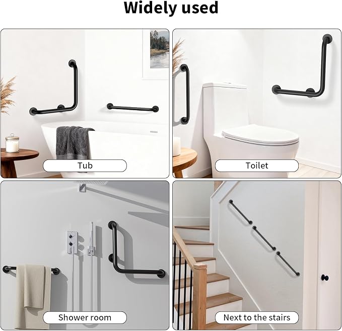 16 Inch Angled Grab Bar, iHansee L-Shaped Shower Grab Bar w/16 Inch Straight Bathroom Balance Bar, Stainless Steel Safety Handle for Seniors Elderly Injury Handicap, Matte Black