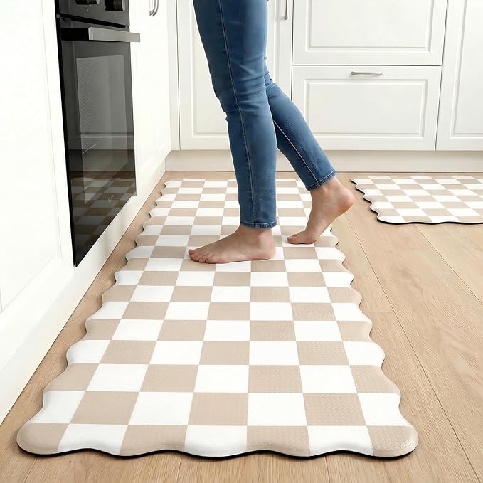 Scalloped Cream Checkered Grid Checkerboard Kitchen Rug Sets [2 PCs], Anti-Fatigue, Waterproof Non-Slip Kitchen Mats Heavy Duty Ergonomic Comfort Foam Rug for Floor, Home, Laundry,17"x29"+17"x47"