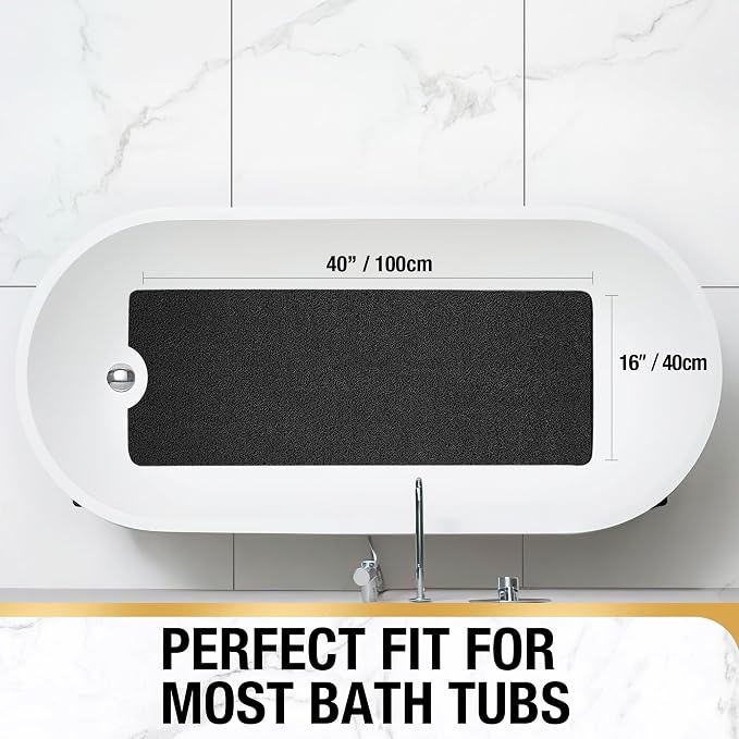 HITSLAM Non Slip Bathtub Mat 40 x 16 Inch, Extra Long Bath Mat for Tub, Soft PVC Loofah Shower Floor Mat with Drain, Quick Drying Bathroom Tub Mat for Wet Area, Without Suction Cup, Black