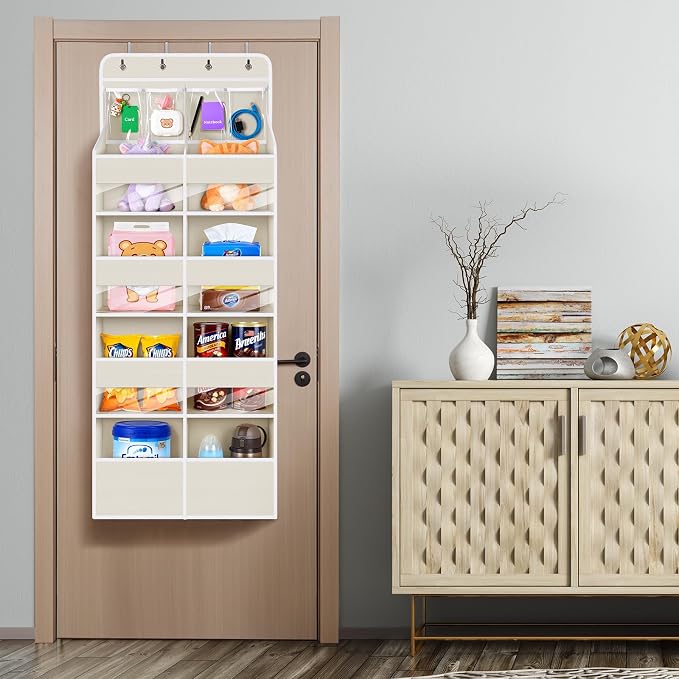 Univivi 5-Shelf Fabric Baby Door Storage Over Door Hanging Organizer with 8 Deep Pockets and 4 Small PVC Pockets Wall Mount Hanging Storage Organizers for Baby Essential (Beige)