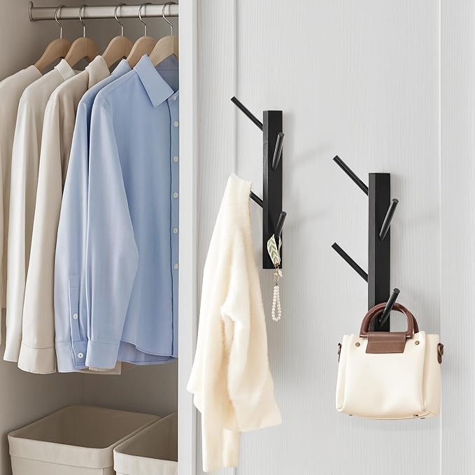 TIOPGHAD 2 Pack Small Vertical Coat Rack Wall Mount, Bamboo Coats Hooks Clothes Holder Hanger for Wall Coat Hat Jacket Clothing Bathroom Robes Entryway(Black)