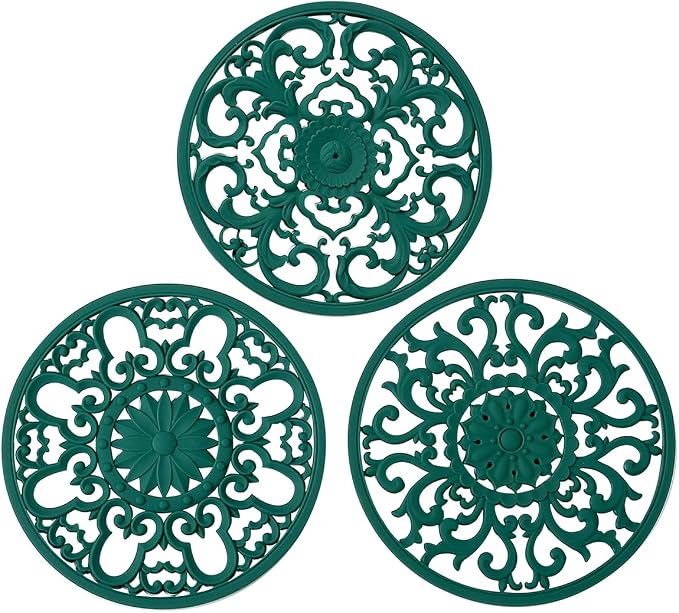 Extra Thick Silicone Trivet Mat for Hot Dishes, Hot Pots and Pans, Pot Holder, Hot Pad to Protect Your Table and Countertop, Kitchen Decor and Accessories,Malachite Green,Set of 3