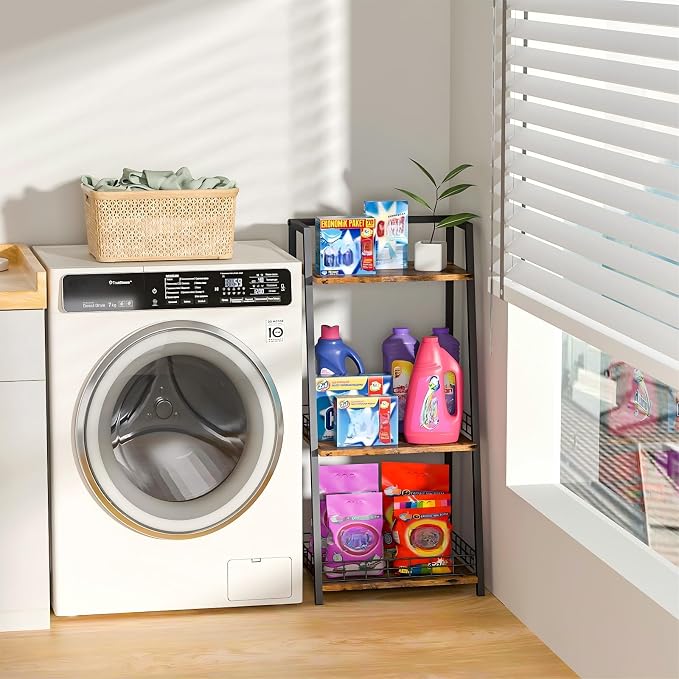 3-Tier Bathroom Shelf with Fence, Retro Bathroom Organizers and Storage Stand, Wood Shelving Unit with Metal Frames, Classic Open Floor Storage Shelves for Bathroom, Laundry Room, Living Room