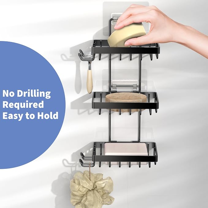 Moforoco 3-Tier Black Soap Bar Holder for Shower, No Drilling, 304 Stainless Steel, Wall Mounted Soap Holder with 4 Hooks and Razor Holder, Shower Rack Soap Tray Bar Soap for Bathroom Accessories