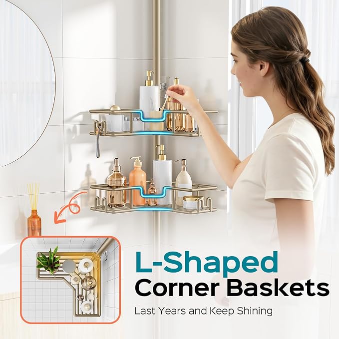 HAMITOR No Drilling Shower Rack: Tension Pole Corner Bathroom Accessories with Hooks - 4-Tier Adjustable Rustproof Shelves - Renter-Friendly Space-Saving Caddy for Family & Apartment 47-123 Inch Khaki
