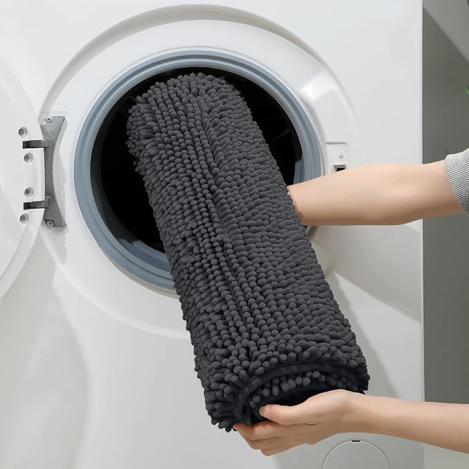 HOMEIDEAS 3 Pieces Bathroom Rugs, Ultra Soft Non Slip Absorbent Chenille Toilet Bath Mat Set,Grey-Dark Grey, 17"x24"+20"x32"+U Shape 20"x24"