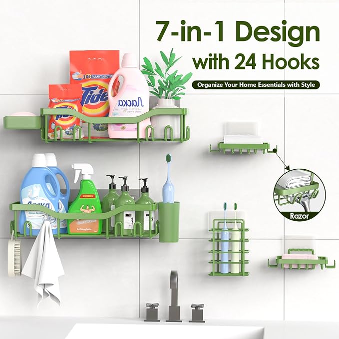 NESOMI Shower Caddy Adhesive Shower Organizer 7-Pack, Rustproof Stainless Steel Bathroom Shelves, Large Capacity No-Drill Rack Storage Accessories with Soap Dish Toothbrush Holder Hooks
