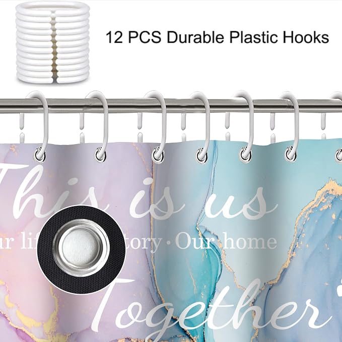 4Pcs Family Marble Shower Curtain Sets with Rugs,Pink Blue Home Inspirational Bathroom Decor Set, Bathroom Sets with Shower Curtain and Rugs, Waterproof Bathroom Shower Curtains, with 12 Hooks
