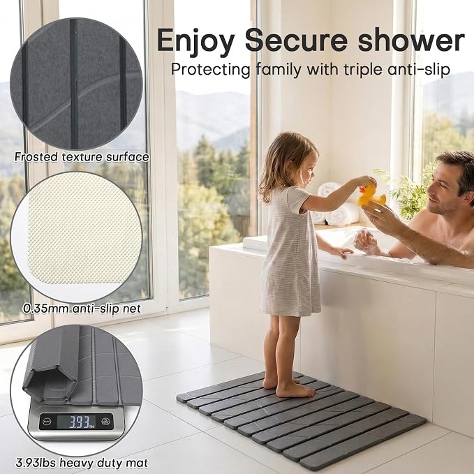 Linidcoud Foldable Stone Bath Mat, Non Slip Large Diatomaceous Shower Mat, Super Absorbent Quick Drying Stone Mat for Bathroom Kitchen Floor Counter Sink,Easy to Clean & Store (24" x 16" Dark Gray)