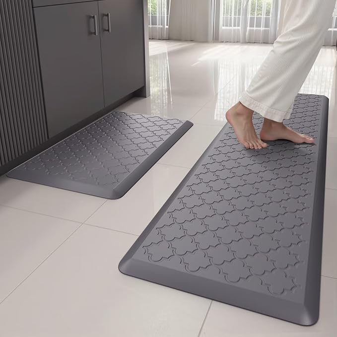 Kitchen Mats for Floor 2 Piece - Anti Fatigue Mats for Kitchen Floor - Non Slip Cushioned Rugs for Standing, Office, Sink, Laundry, Grey