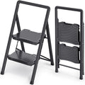 KINGRACK 2 Step Folding Ladder - Steel Step Stool with Handrail, Wide Pedal, 800 lbs Capacity – Foldable Heavy Duty Ladder for Home, Kitchen – Black