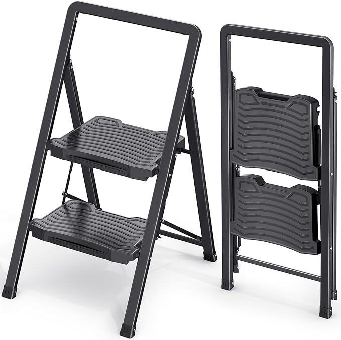 KINGRACK 2 Step Folding Ladder - Steel Step Stool with Handrail, Wide Pedal, 800 lbs Capacity – Foldable Heavy Duty Ladder for Home, Kitchen – Black