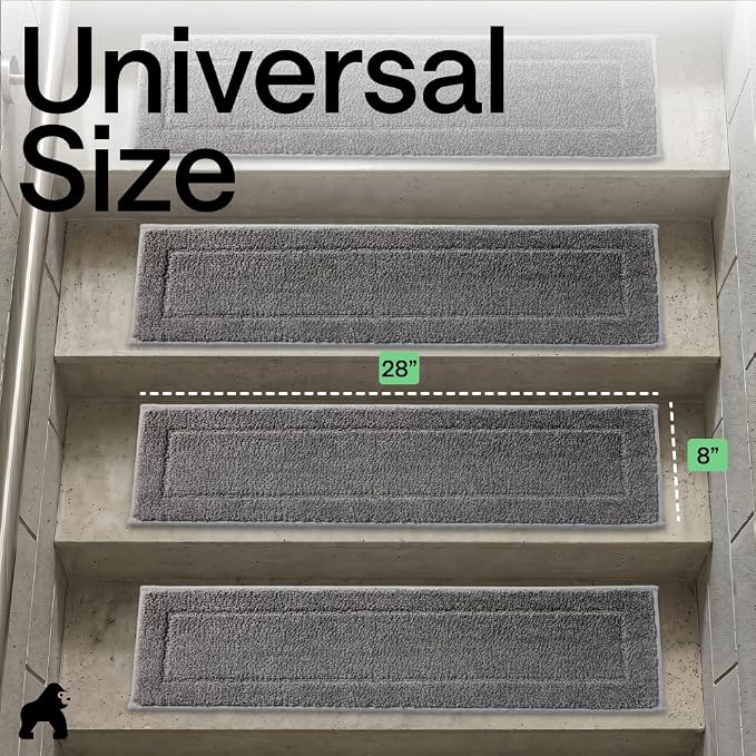GORILLA GRIP Peel and Stick Stair Treads for Wooden Steps, Multi-Surface Use, Machine Washable Carpet Runners, Indoor Rugs for Stairs, Pet Friendly, Universal Size, 4 Pack Gray, 8x28 Inches