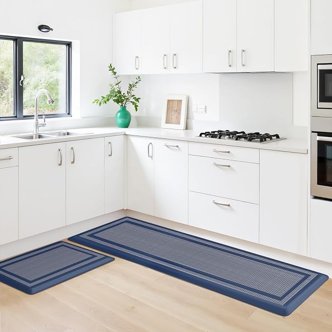 KitchenClouds [2 PCS Kitchen Rugs Cushioned Anti-Fatigue Kitchen Mats for Floor Waterproof Kitchen Rug Set Non-Slip Comfort Standing Mat for Office, Sink, Laundry 20"×30"+20"×60",Blue