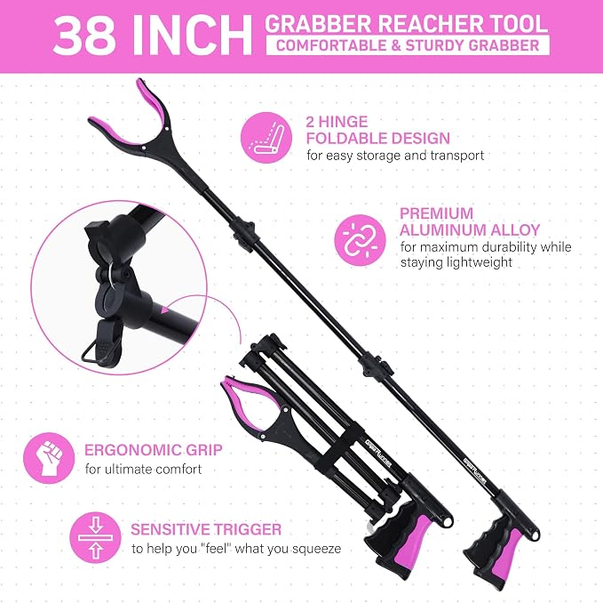 38" Extra Long Grabber Reacher Tool – 2 Pack Foldable Reacher Grabber Pickup Tools with 360° Rotating Jaw & Magnet - Heavy Duty Pick Up Grabbers for Seniors, Trash, Surgery Recovery (Pink Pink)