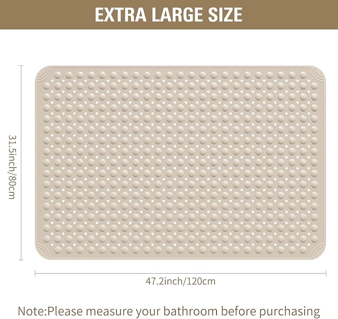 Yolife Extra Large TPE Shower Mat, 47.2" L x 31.5" W Anti Slip Bath Mat with Drain Holes and Suction Cups, Large Size Mat More Suitable for Shower Stall, No Odor, Heavy Mat