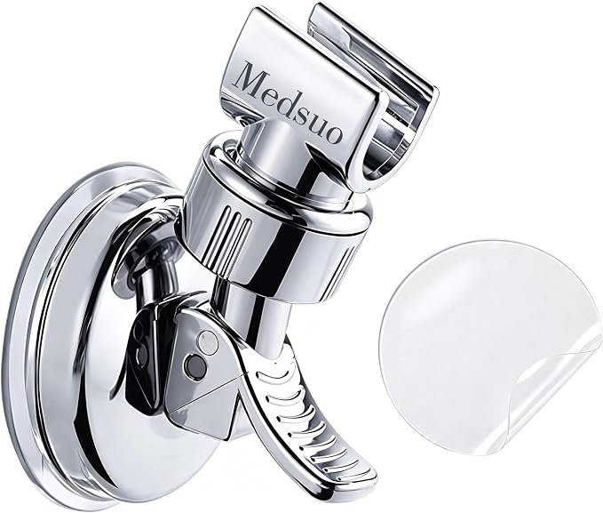 Medsuo Adjustable Shower Head Holder with Sticky Pad, Removable Suction Cup Shower Head Bracket No Drill Shower Head Bracket with Chrome Polished for Bathroom