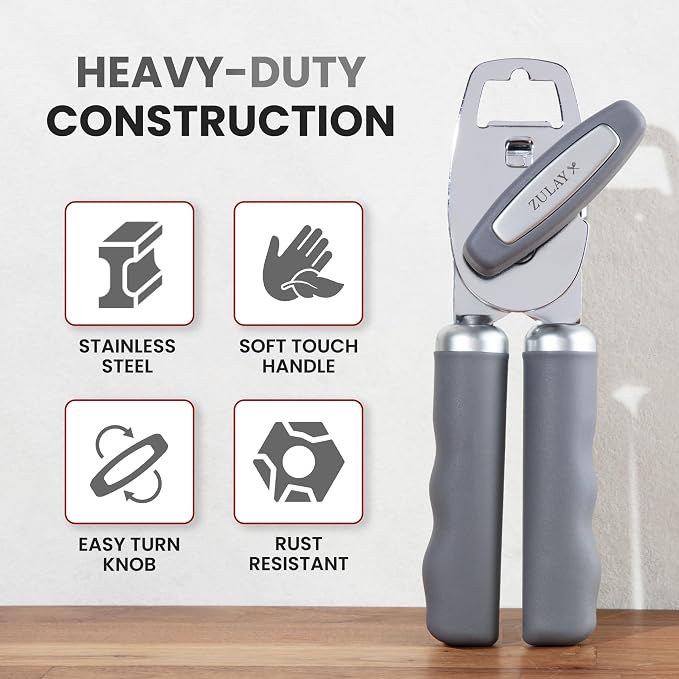 Zulay Kitchen Heavy Duty Stainless Steel Can Opener Manual with Bottle Opener - Rust Proof Manual Can Opener With Turn Knob & Comfy Soft Grip Handles - Gray