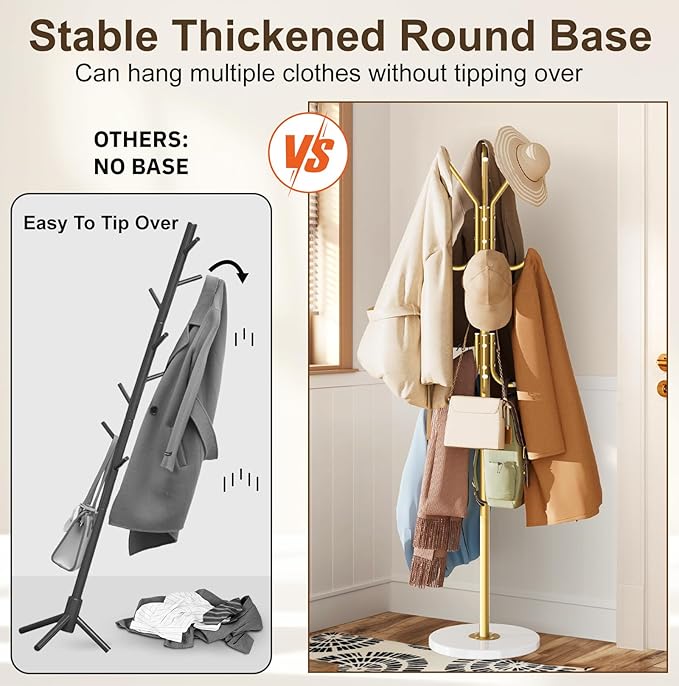 MISSLO Heavy Duty Coat Rack Freestanding with Stable Wood Base Modern Gold Coat Tree with 12 Hooks Adjustable Coats Hanger Stand Stylish Standing Clothes Tree for Entryway Bedroom Corner Hall