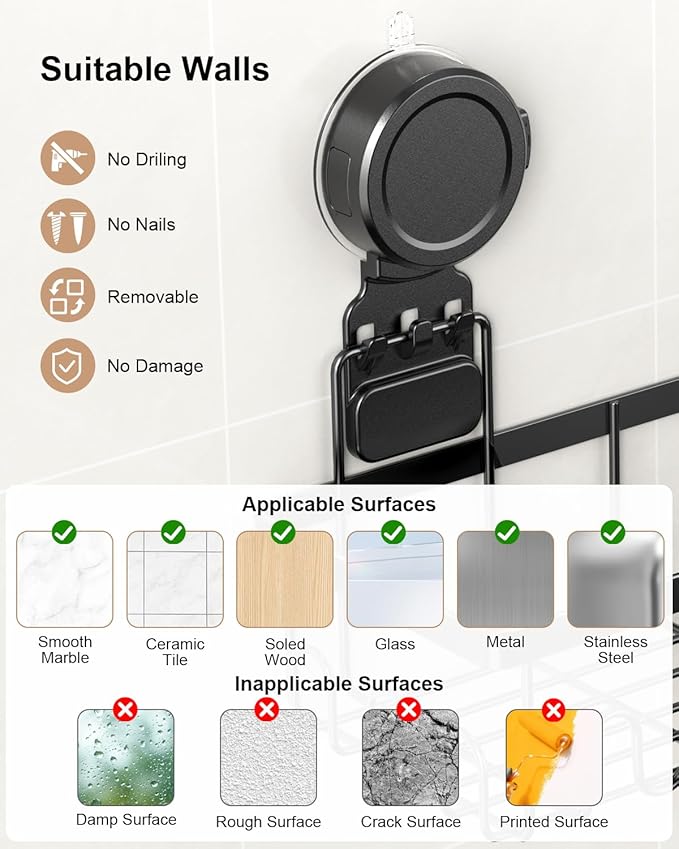 JOTPE Shower Caddy Suction Cup 5 Pack, No Drilling & Removable Suction Cup Shower Shelf for Bathroom with Large Capacity, Powerful Shower Organizer Max Hold 40 lbs, Waterproof Bathroom Shelf, Black