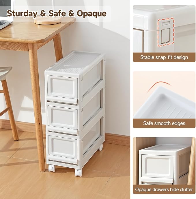 Narrow Plastic Storage Drawers: 3 Drawer Storage Organizer with Wheels, Narrow Storage Cabinet, Rolling Storage Cart for Narrow Space, 7.87-inch Wide (All-White)