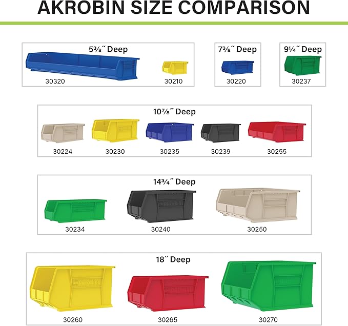 Akro-Mils 30250 AkroBins Plastic Storage Bins, Space-Saving Stackable Bins for Garage, Pantry, Craft Organization, 15" x 16" x 7", Green, 6-Pack