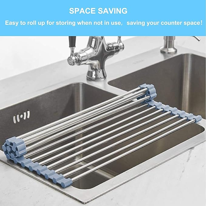 Seropy Roll Up Dish Drying Rack, Over the Sink Dish Drying Rack Kitchen Rolling Dish Drainer, Foldable Sink Rack Mat Stainless Steel Wire Dish Drying Rack for Kitchen Sink Counter Storage 17.5x11.8