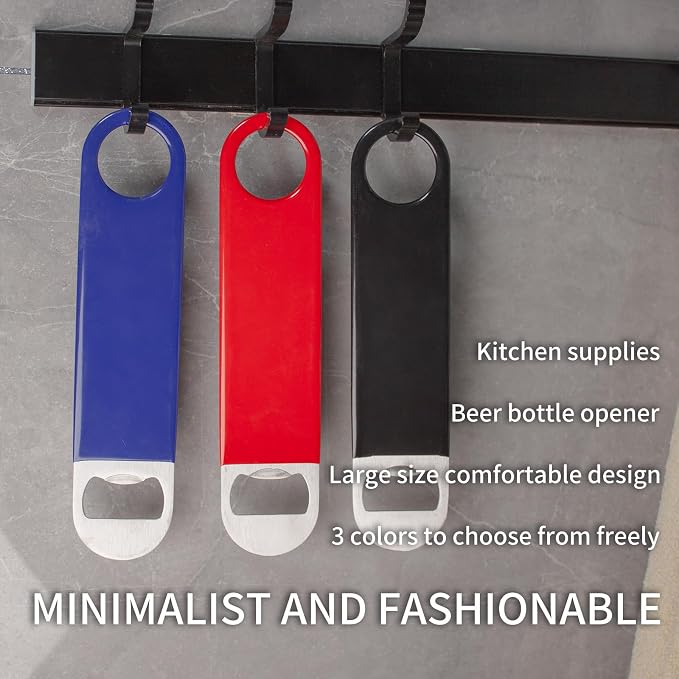 7" Rubber Grip Stainless Steel Flat Bottle Opener, Black Red Blue Sturdy and Durable 3 Pcs Gifts for Friends, Suitable for Bar Bartender Men and Women Kitchen Restaurant Party