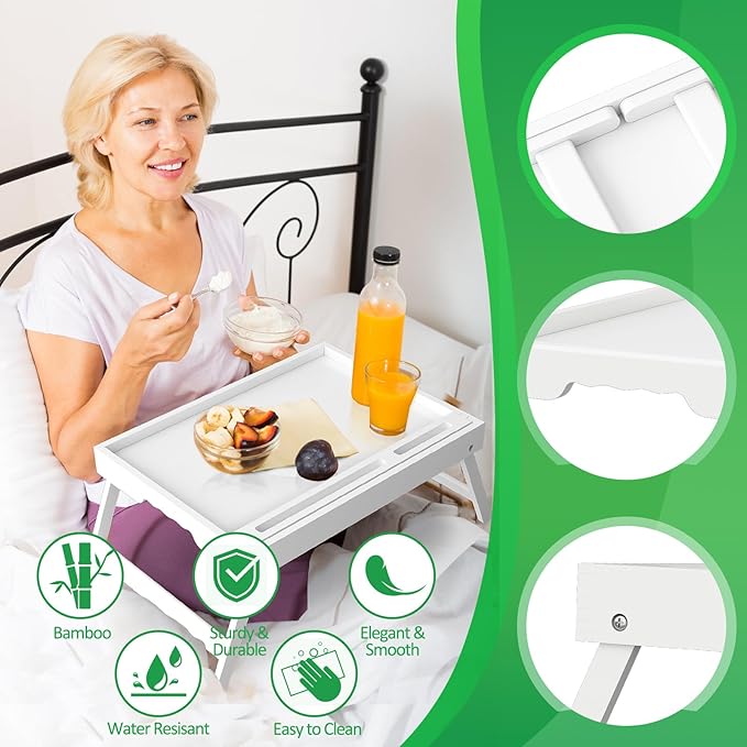 Artmeer Bed Tray Table with Folding Legs, Bamboo Breakfast Food Tray with Media Slot, Use As Platter, Laptop Desk, Snack, TV Tray Kitchen Serving Tray (White Extra-Large Size)
