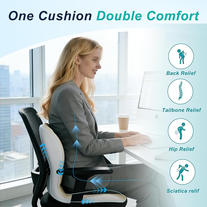 Seat Cushion for Office Chair and Car, Lumbar Support Pillow for Office Chair, Memory Foam Ergonomic Seat Cushion for Long Sitting, Back & Tailbone Pain, Sciatica - Beige & Gray