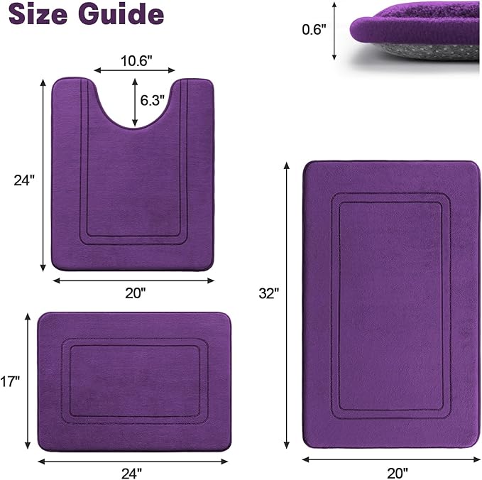 YIHOUSE Memory Foam Bath Mat Set, Bathroom Rugs Sets 3 Pieces, Non Slip Bath Mats for Bathroom, Super Soft and Water Absorbent Bath Rug Set, Machine Washable U Shape Toilet Rug,Purple